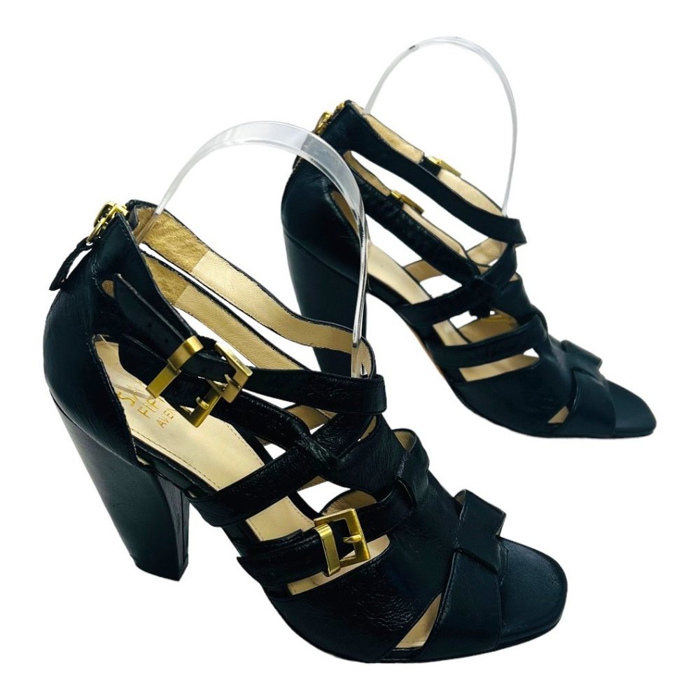Saks Fifth Avenue Lyle Black Leather Heels Strappy Zip Open Toe Pumps 6.5M - Picture 4 of 13